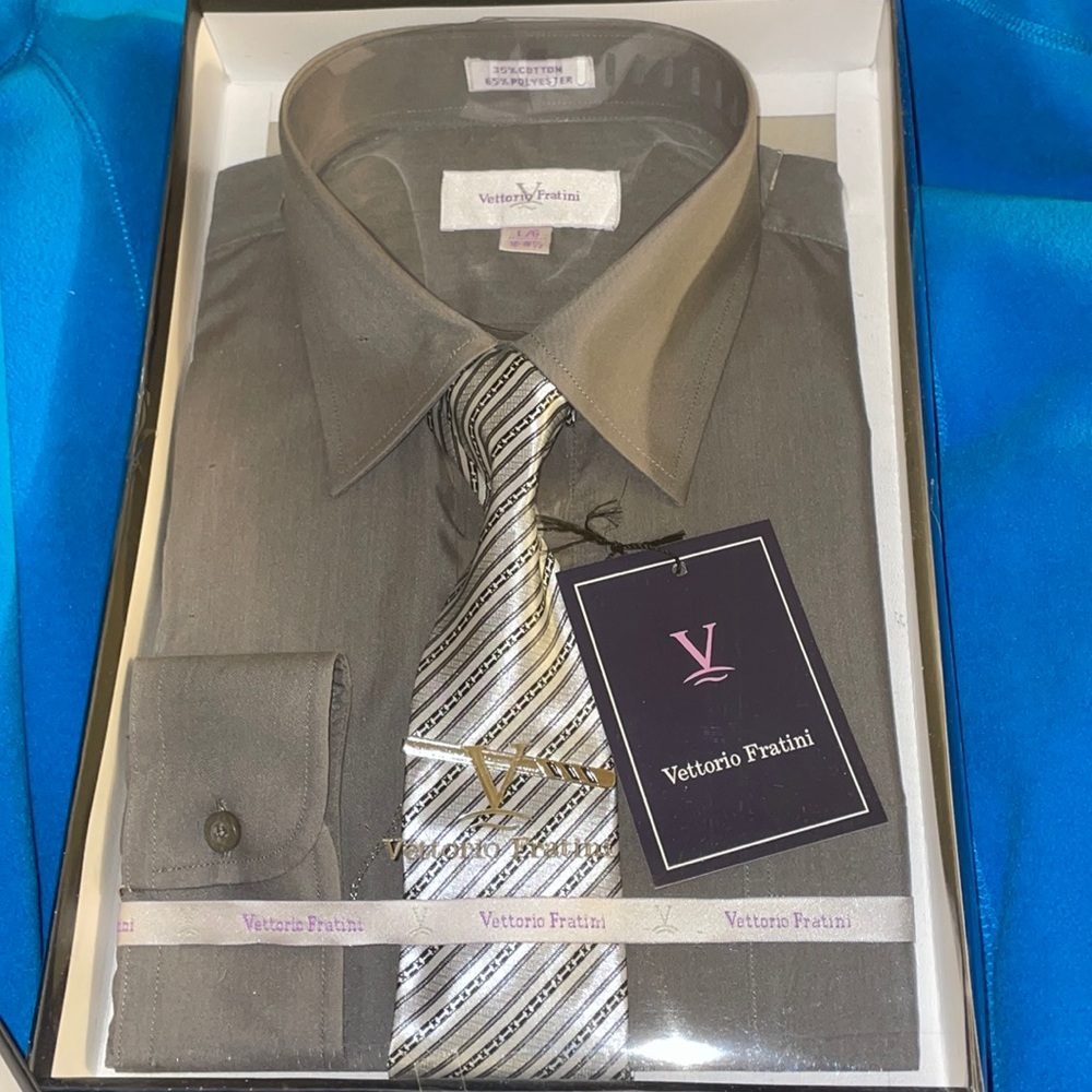 Dress Shirt Vettorio Fratini Mens Large 16-16 1/2 Tie Clip Neck Tie New in Box